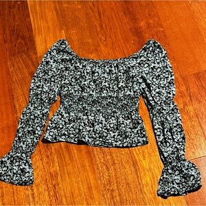 SO Square Neck Peplum Top size XS Long Bell Sleeve Floral Blue Black